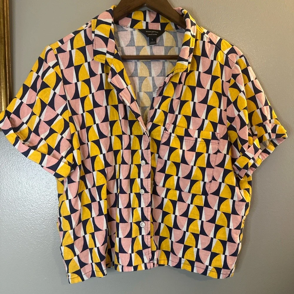 Banana Republic Linen Blend Geometric Print Button Front Top L Coastal Resort - Picture 2 of 6